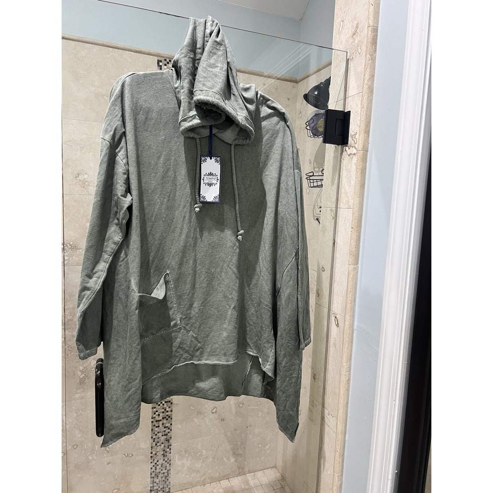 Tempo Paris Metallic Green Asymmetrical Hoodie Sweatshirt Artsy Size M L